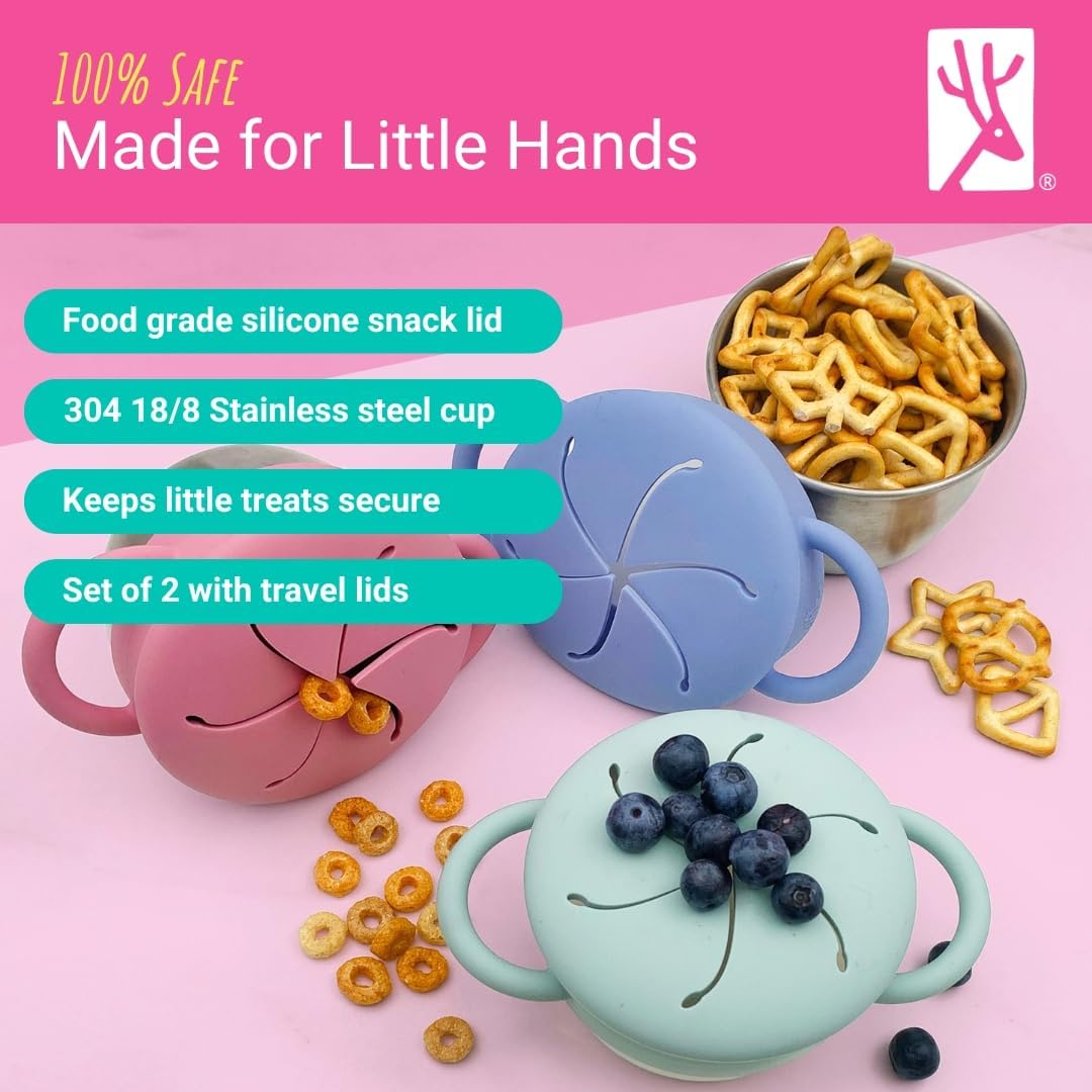 Elk and Friends easy-grip handles shown for tiny hands reaching snacks