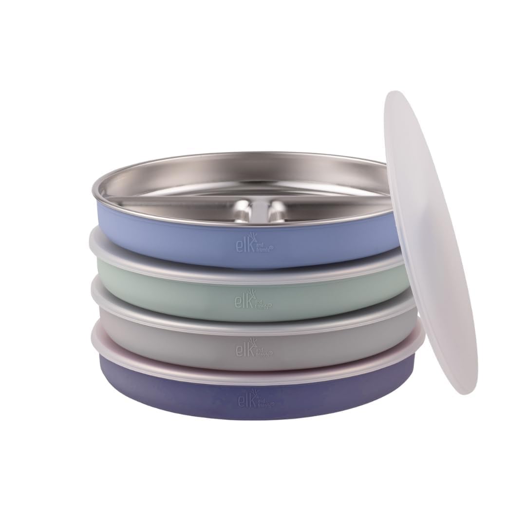 Elk and Friends stainless steel divided plates with silicone sleeve for secure non-slip grip at meals