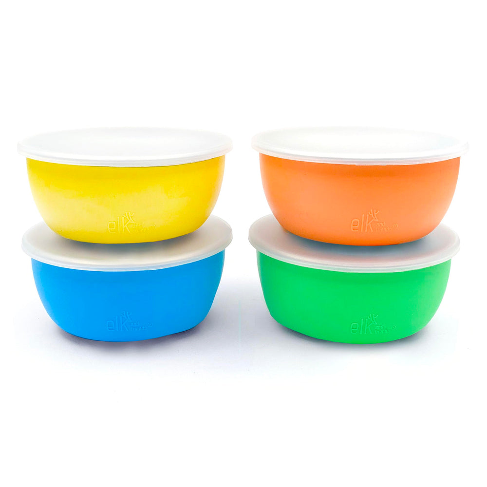 Elk and Friends stainless steel bowls with silicone grip keep mealtimes steady.