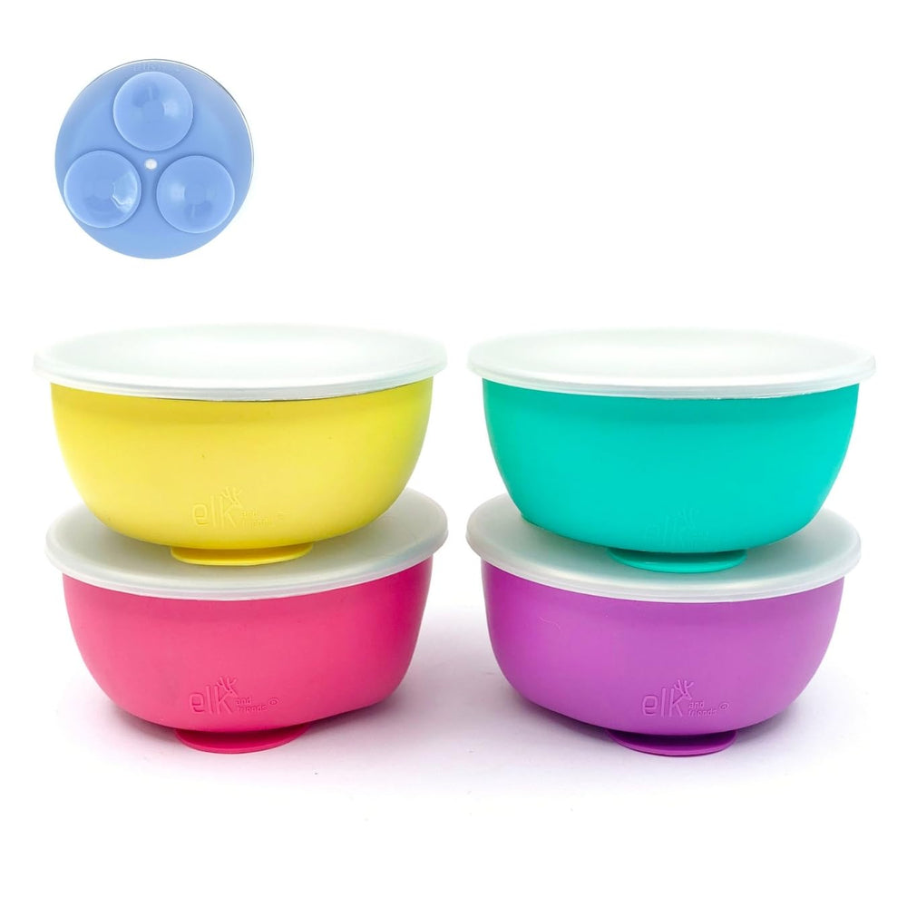 Elk and Friends stainless steel bowls with silicone sleeve and suction base for stable mealtimes