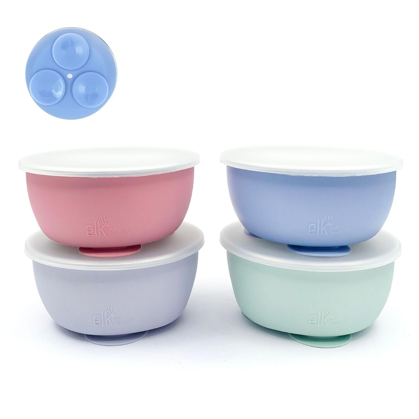 Elk and Friends stainless steel bowls with silicone sleeve and suction base for stable mealtimes.