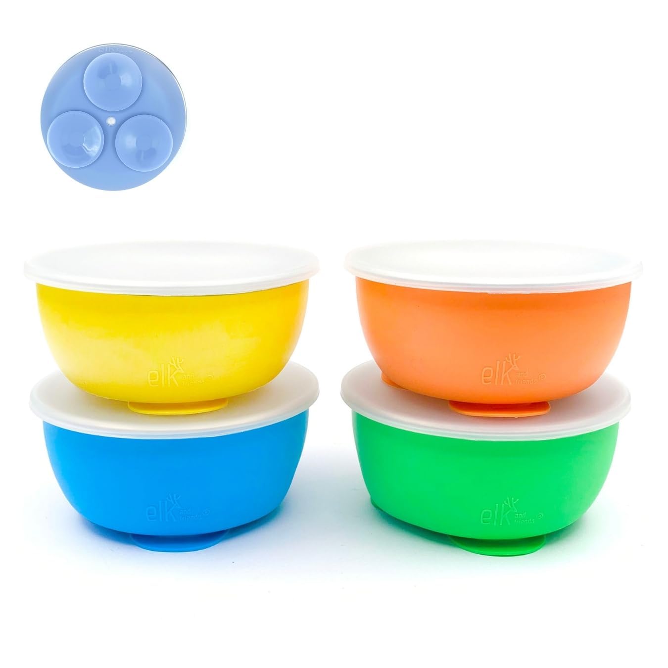 Elk and Friends stainless steel bowls with silicone sleeve and suction lids shown on a table for mess-free meals