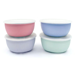 Elk and Friends stainless steel bowls with silicone sleeve show non-slip grip for self-feeding.