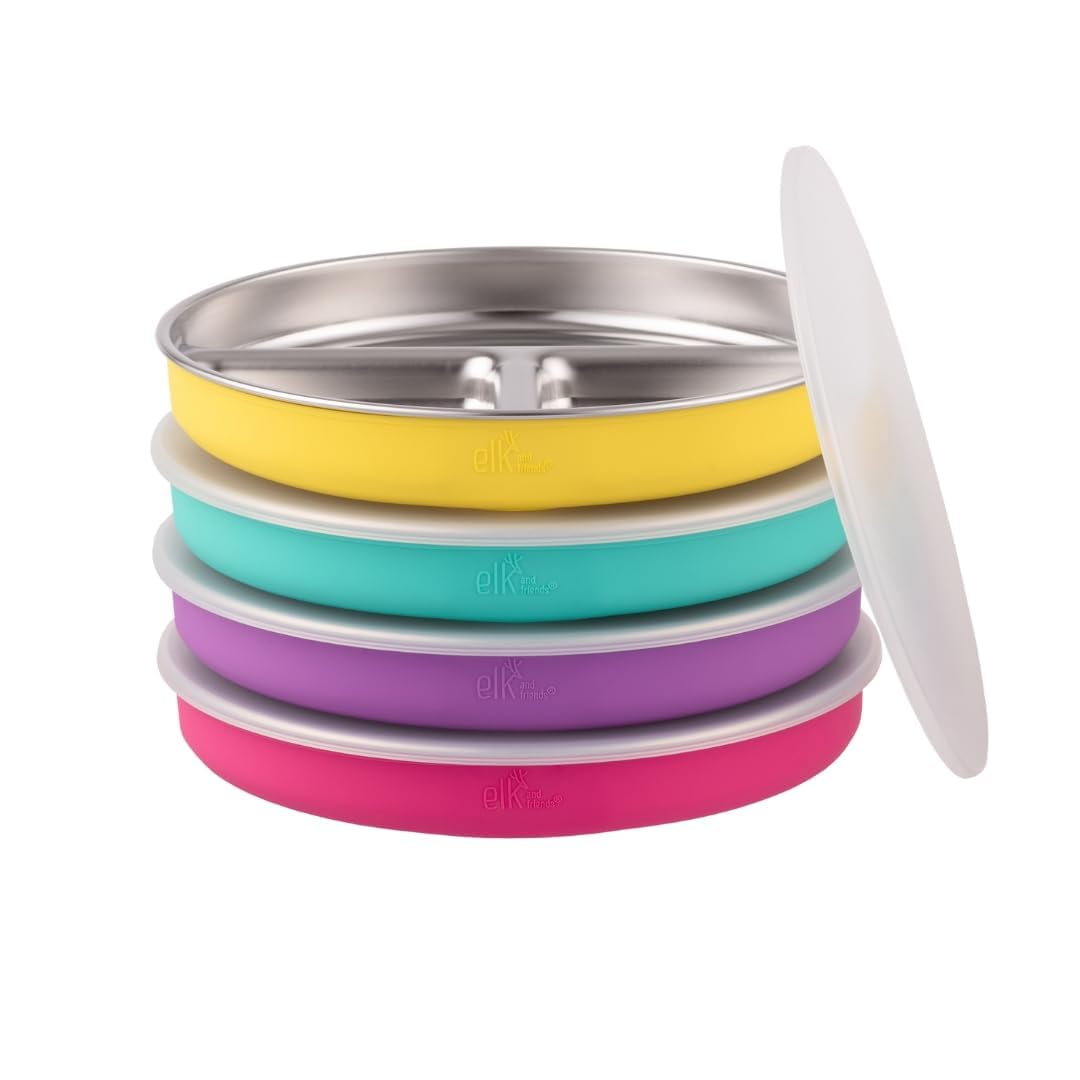 Elk and Friends stainless steel divided plates closeup showing durable construction for daily use
