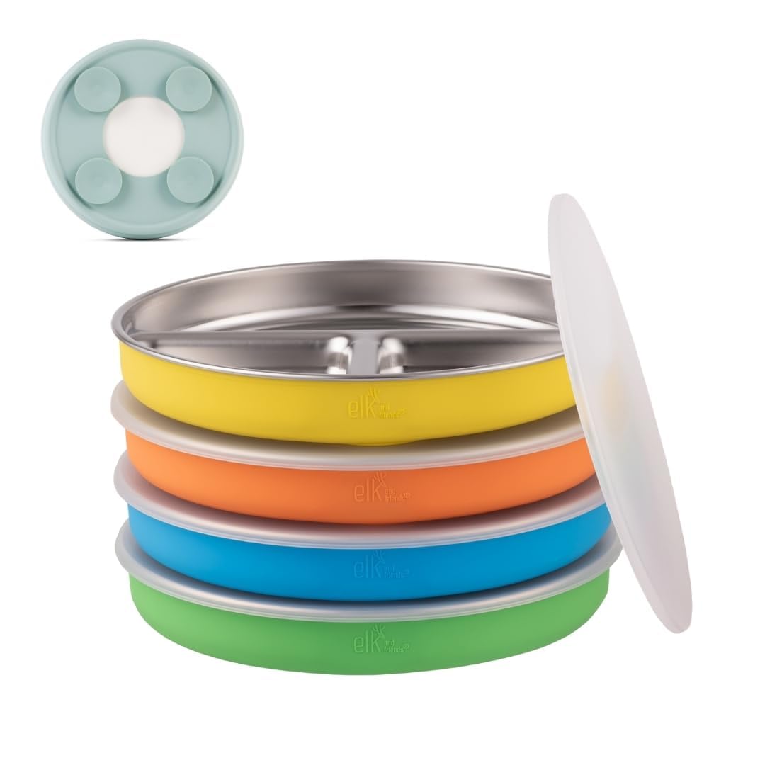 Elk and Friends stainless steel divided plates with suction base for mess-free meals.