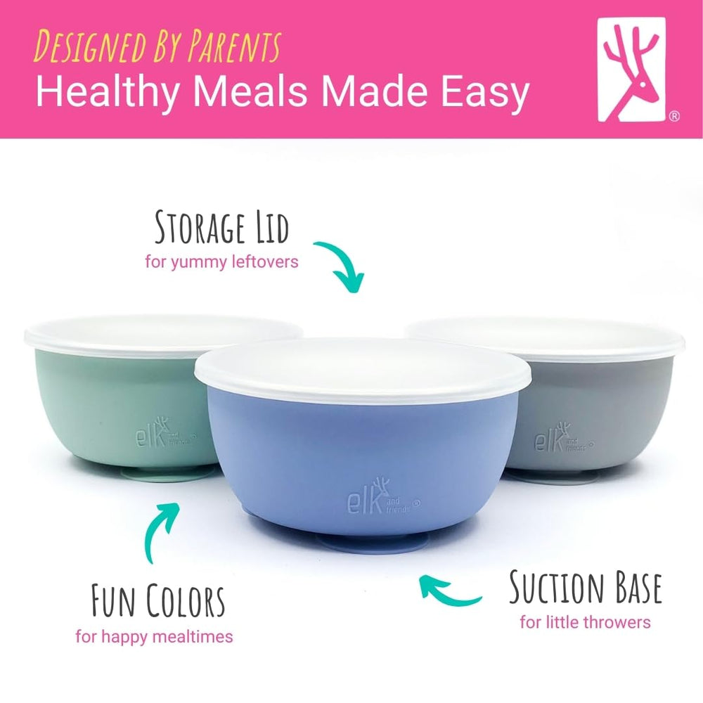 Elk and Friends toddler-proof suction bowl stays in place on any table