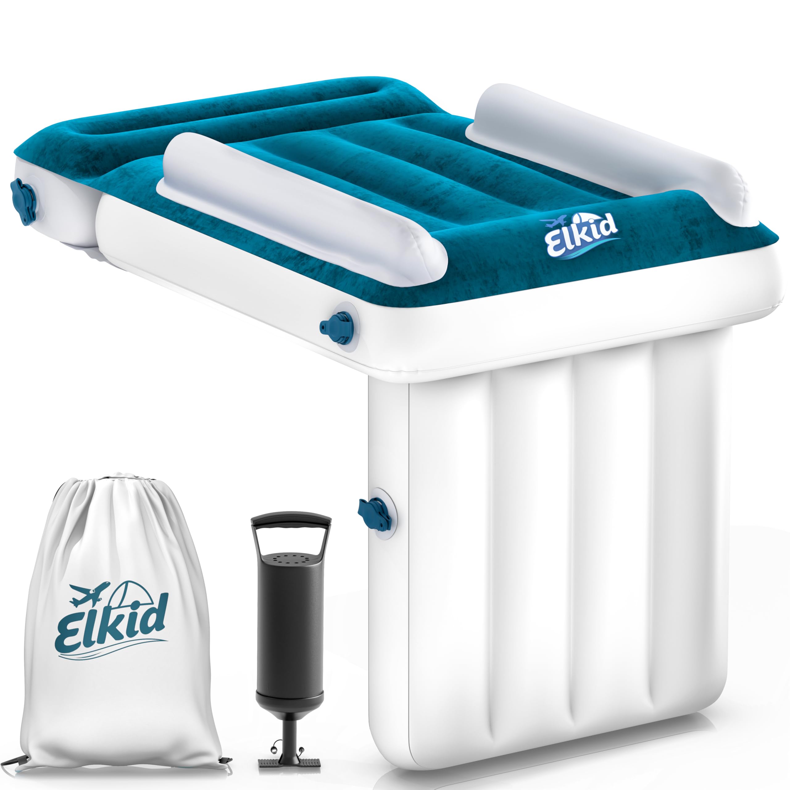 Elkid Toddler Airplane Bed inflated on a plane seat for safer travel