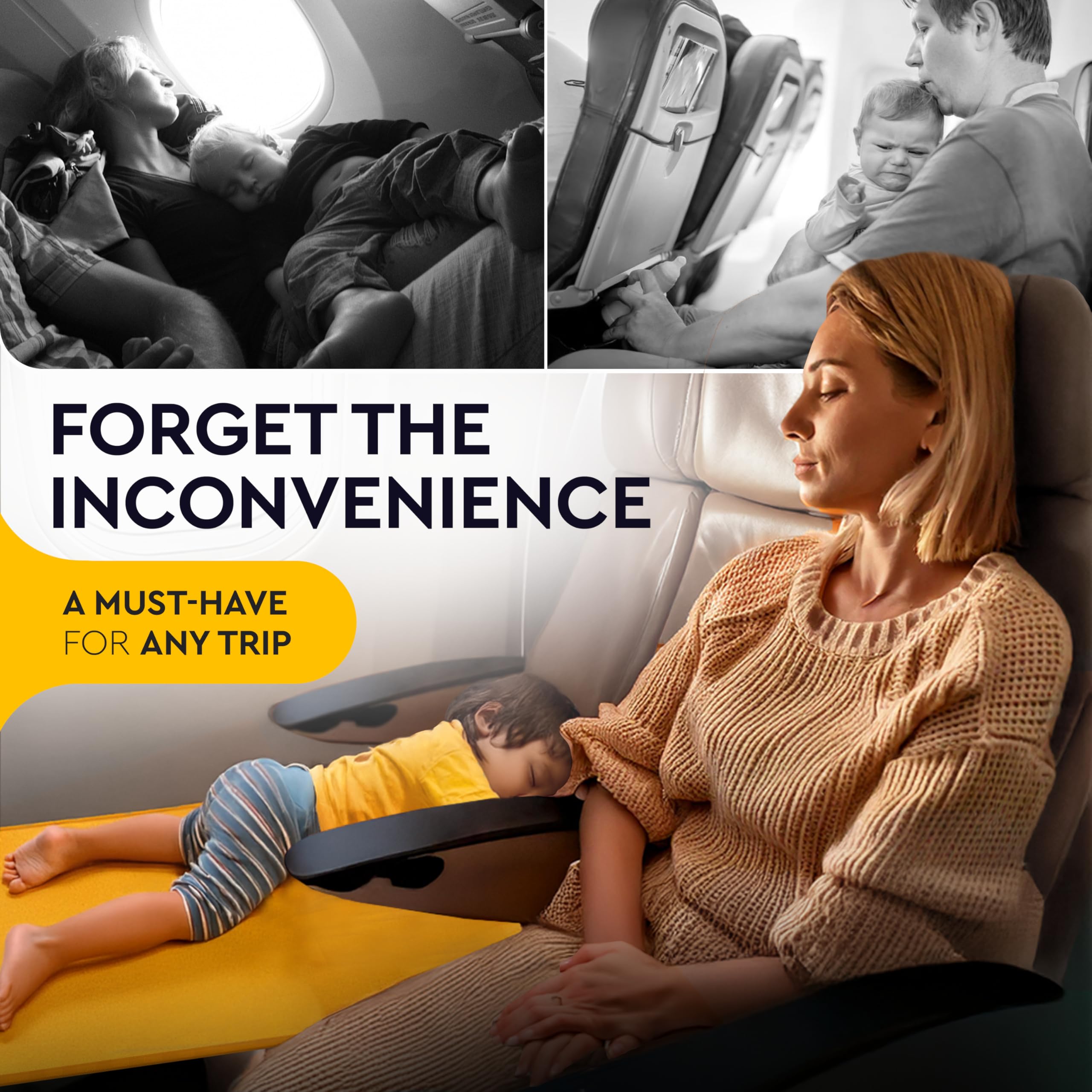 Elkid toddler airplane bed unfolded on seat ready for comfortable setup during flight.