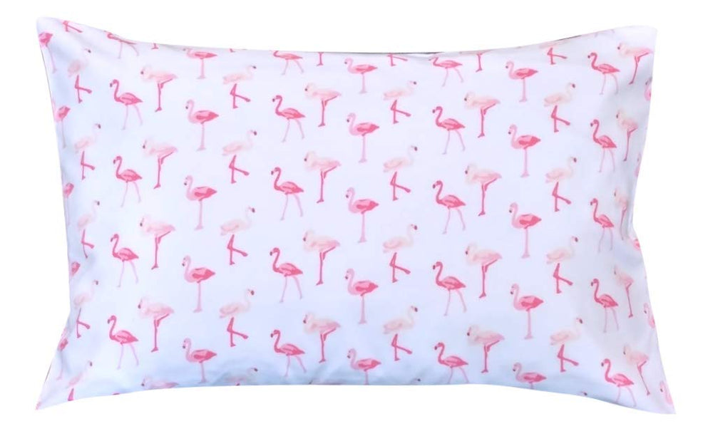 Ella & Max pink flamingos on white pillowcase for cozy toddler snuggles.