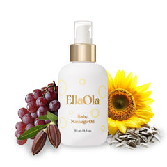 ELLAOLA bottle pour demonstrates a quick-absorbing baby massage oil for gentle skin care