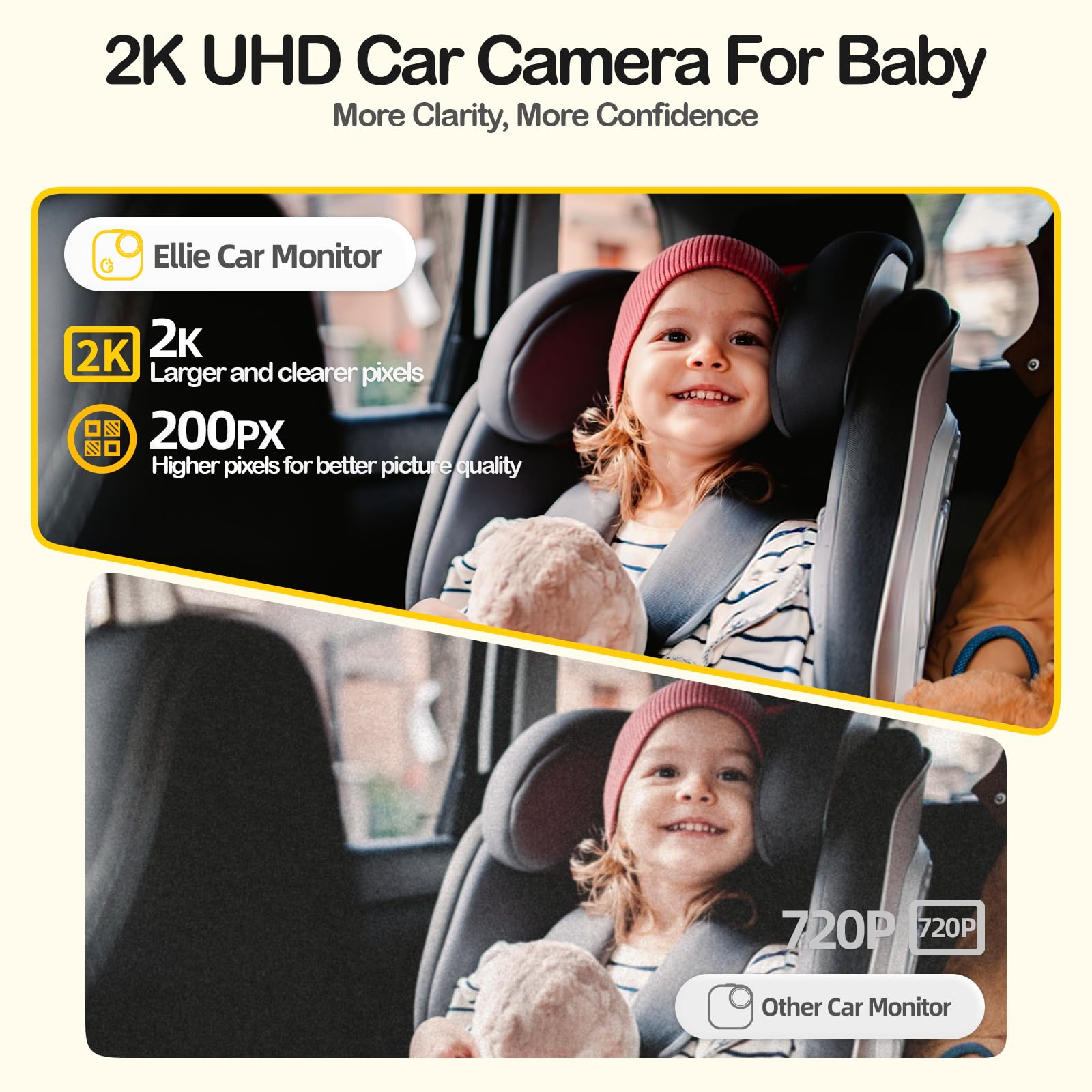 Ellie Baby Car Monitor color night vision highlights true colors for clearer night checks.
