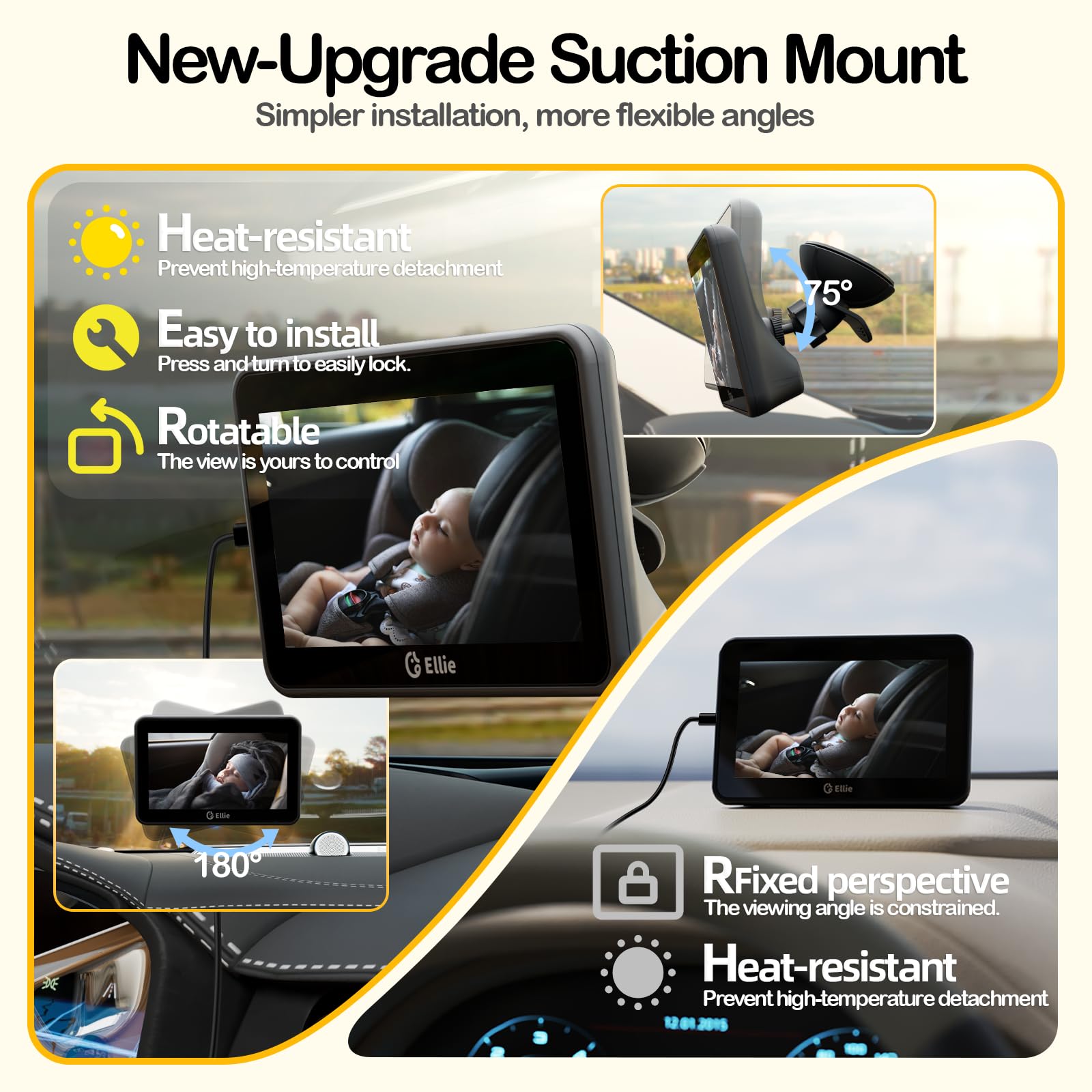 Ellie Baby Car Monitor face tracking auto-zoom focuses on your baby for easy viewing.