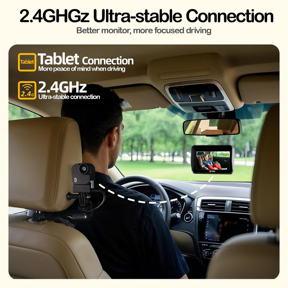 Ellie Baby Car Monitor wireless link between camera and monitor enables cable-free setup.