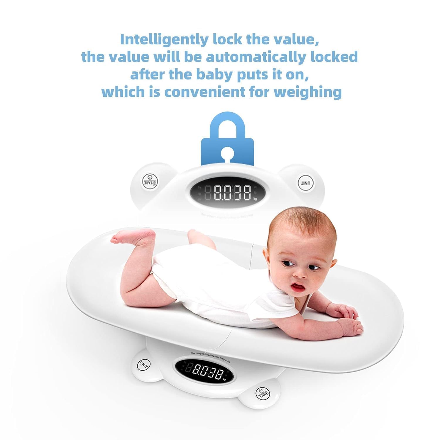 Ellie Digital Baby Scale standing baby with shields removed.