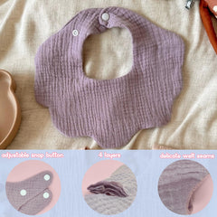 EllieHouse four-layer muslin bib emphasizes high absorbency for drool and teething messes.