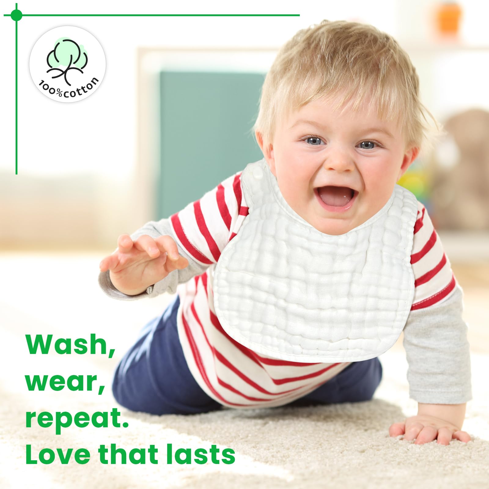 EllieHouse bib in use during mealtime keeps baby comfortable and clean