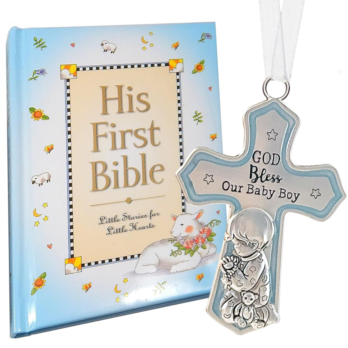 Elskandi baby boy first bible and crib cross set displayed in a nursery—perfect keepsake.
