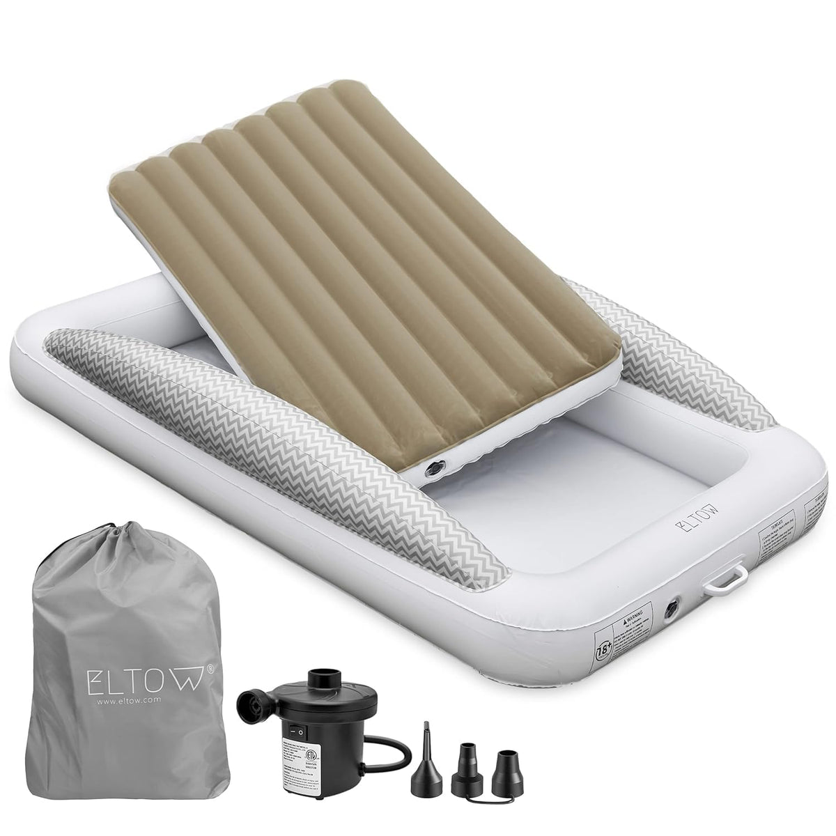ELTOW inflatable toddler bed with safety bumpers for secure sleep on the go.