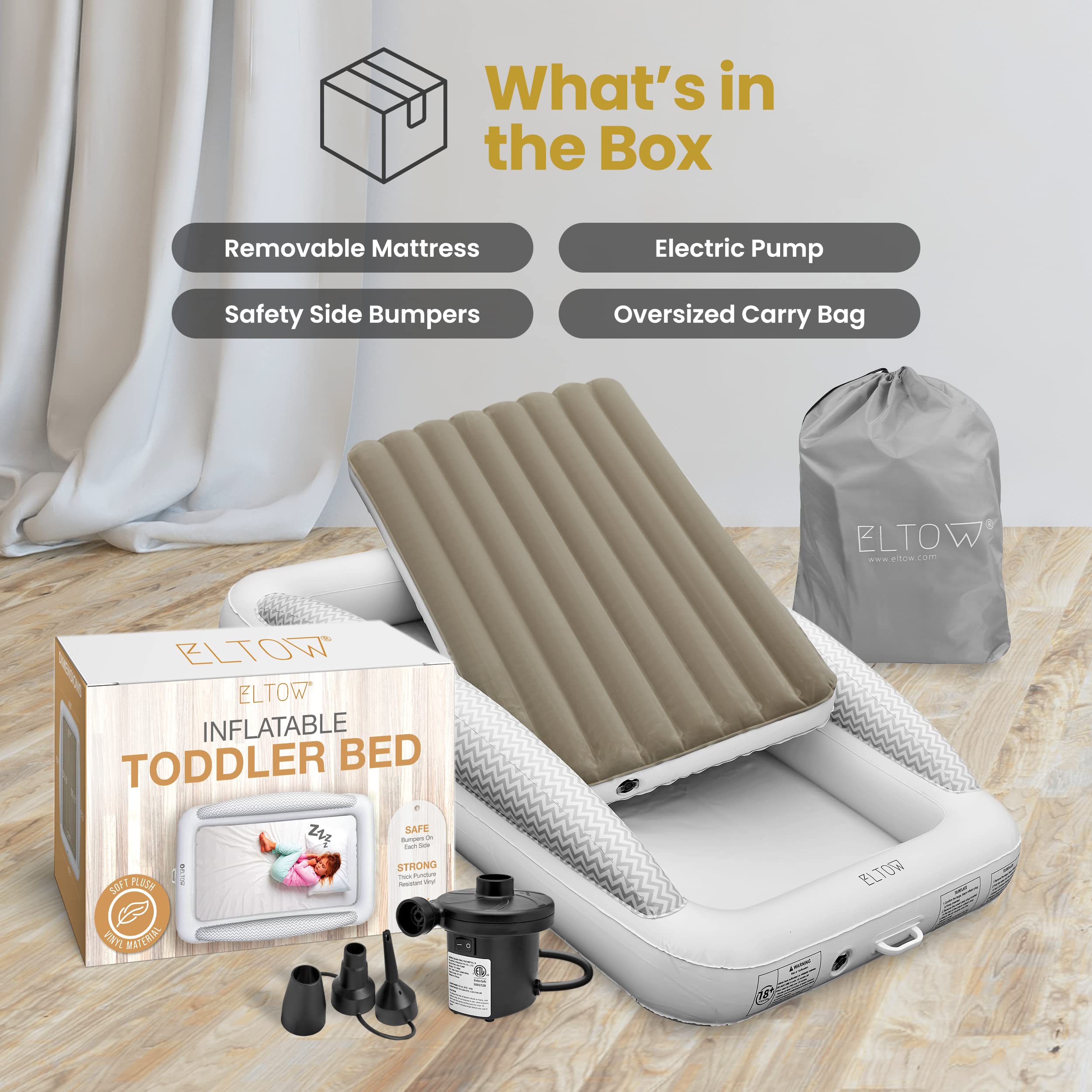 ELTOW travel bed dimensions 63 in x 40 in x 12 in for roomy sleep space.