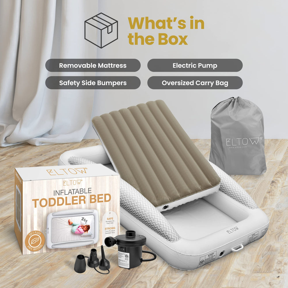 ELTOW travel bed dimensions 63 in x 40 in x 12 in for roomy sleep space.
