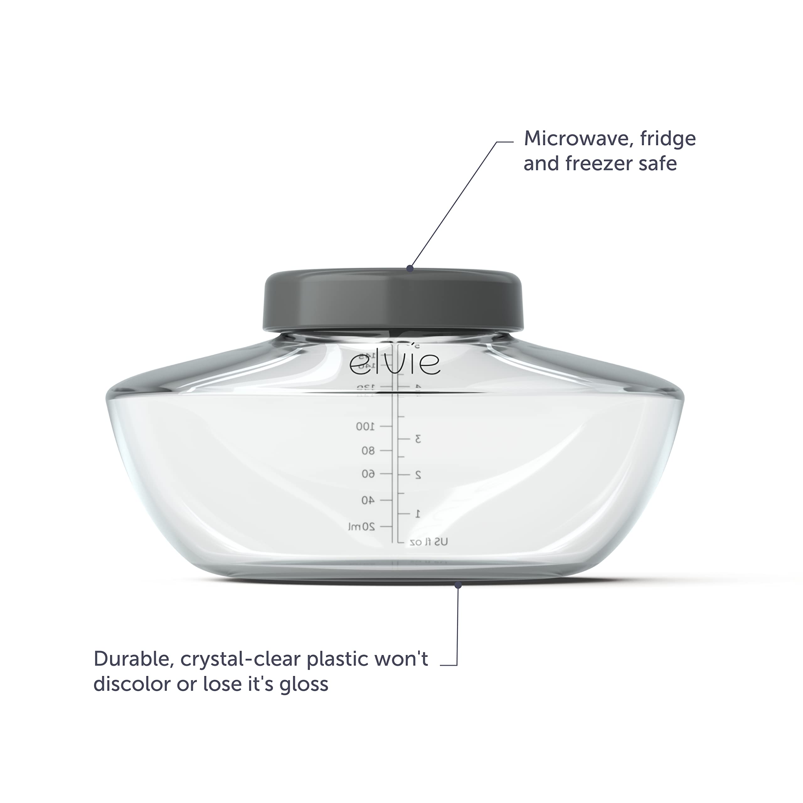 Elvie BPA-free plastic highlights durable, discoloration-resistant storage bottles.