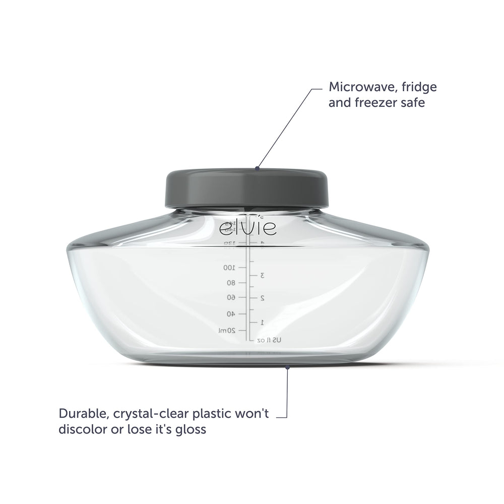 Elvie BPA-free plastic highlights durable, discoloration-resistant storage bottles.