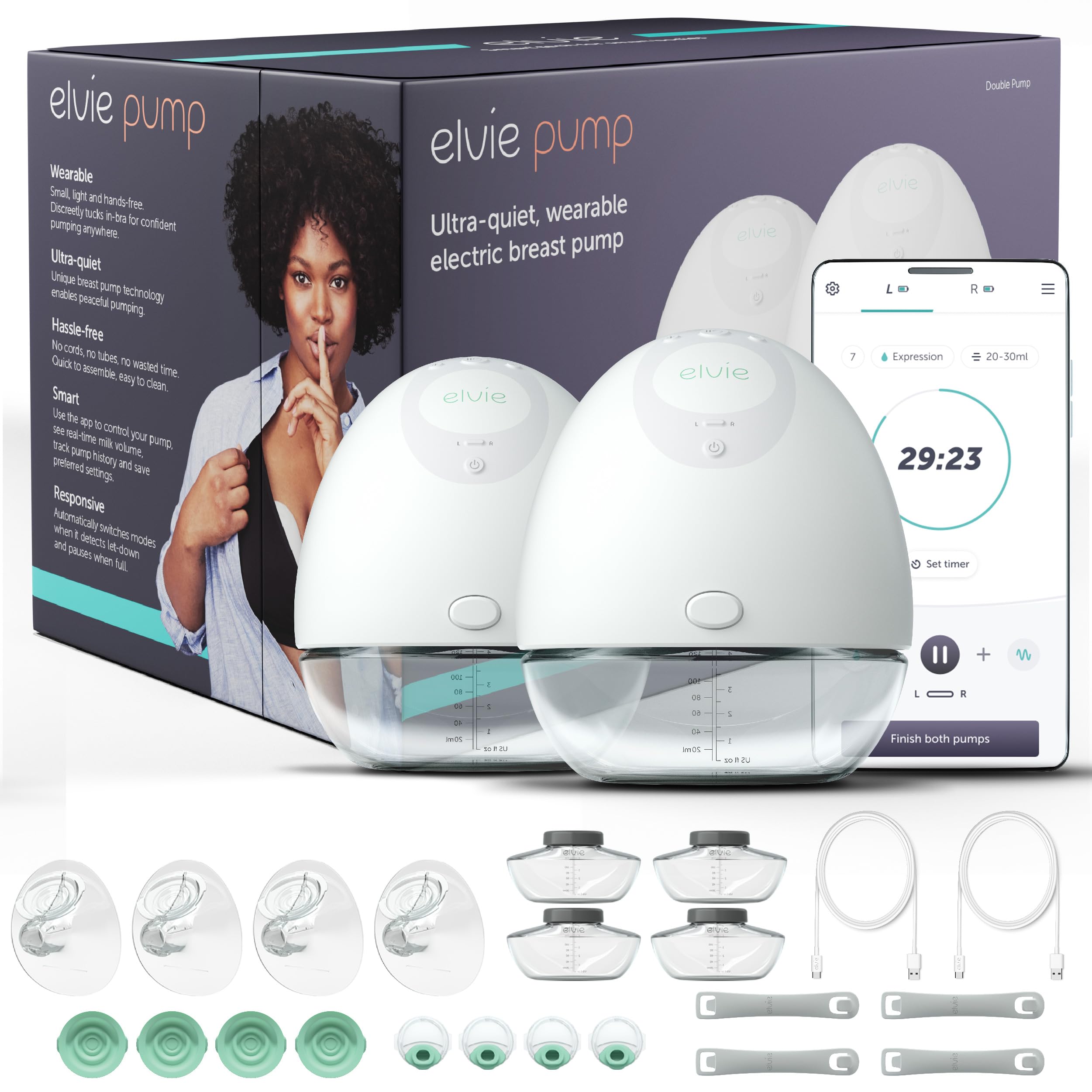 Elvie double pump in-bra discreet design enables subtle, hands-free pumping.