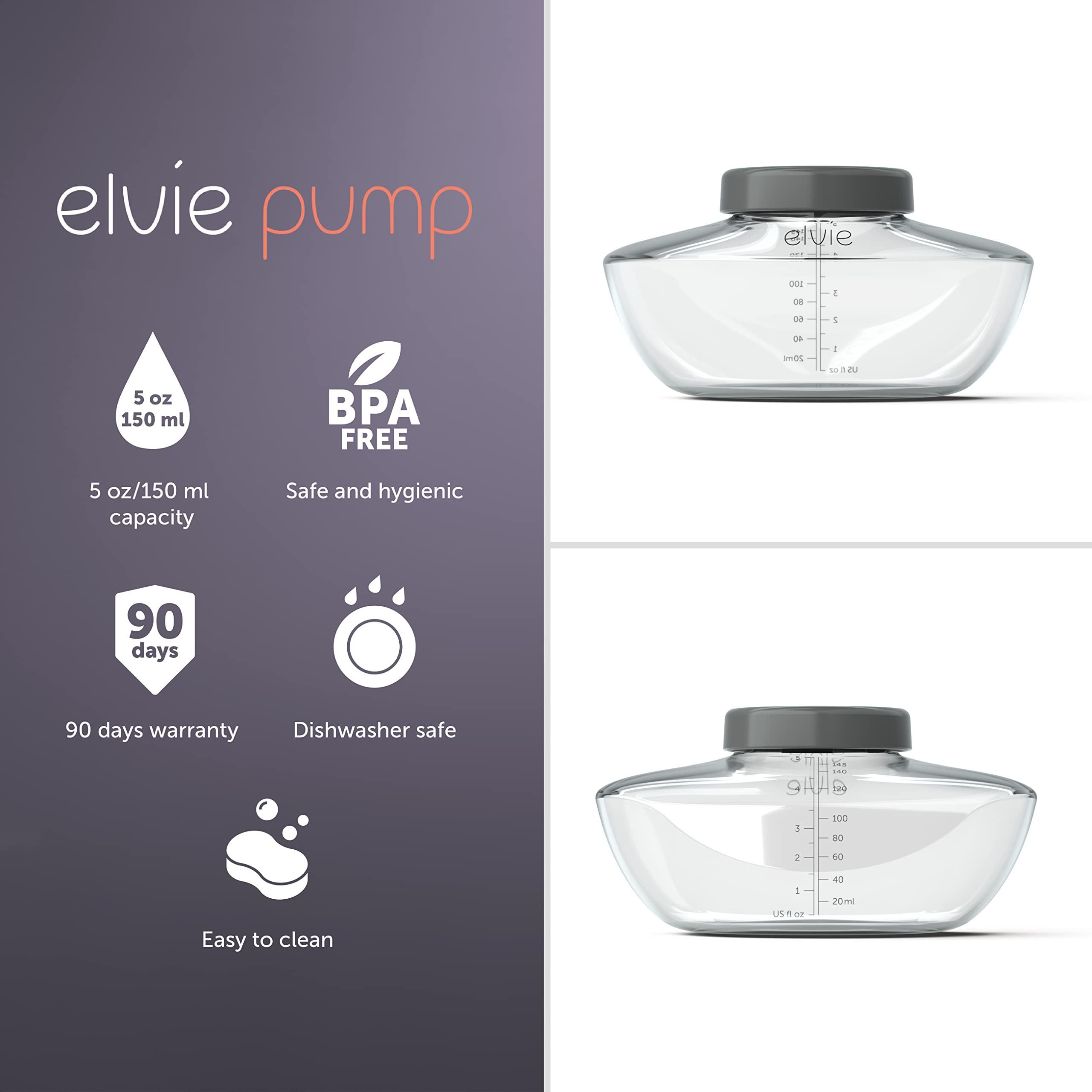 Elvie Pump bottle dishwasher-safe design enables easy cleaning after feeding.