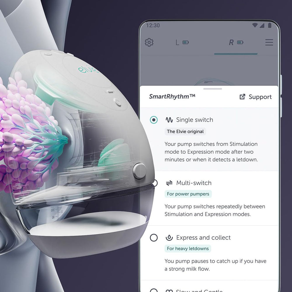 Elvie hands-free wearable pump in bra during meeting for flexibility.