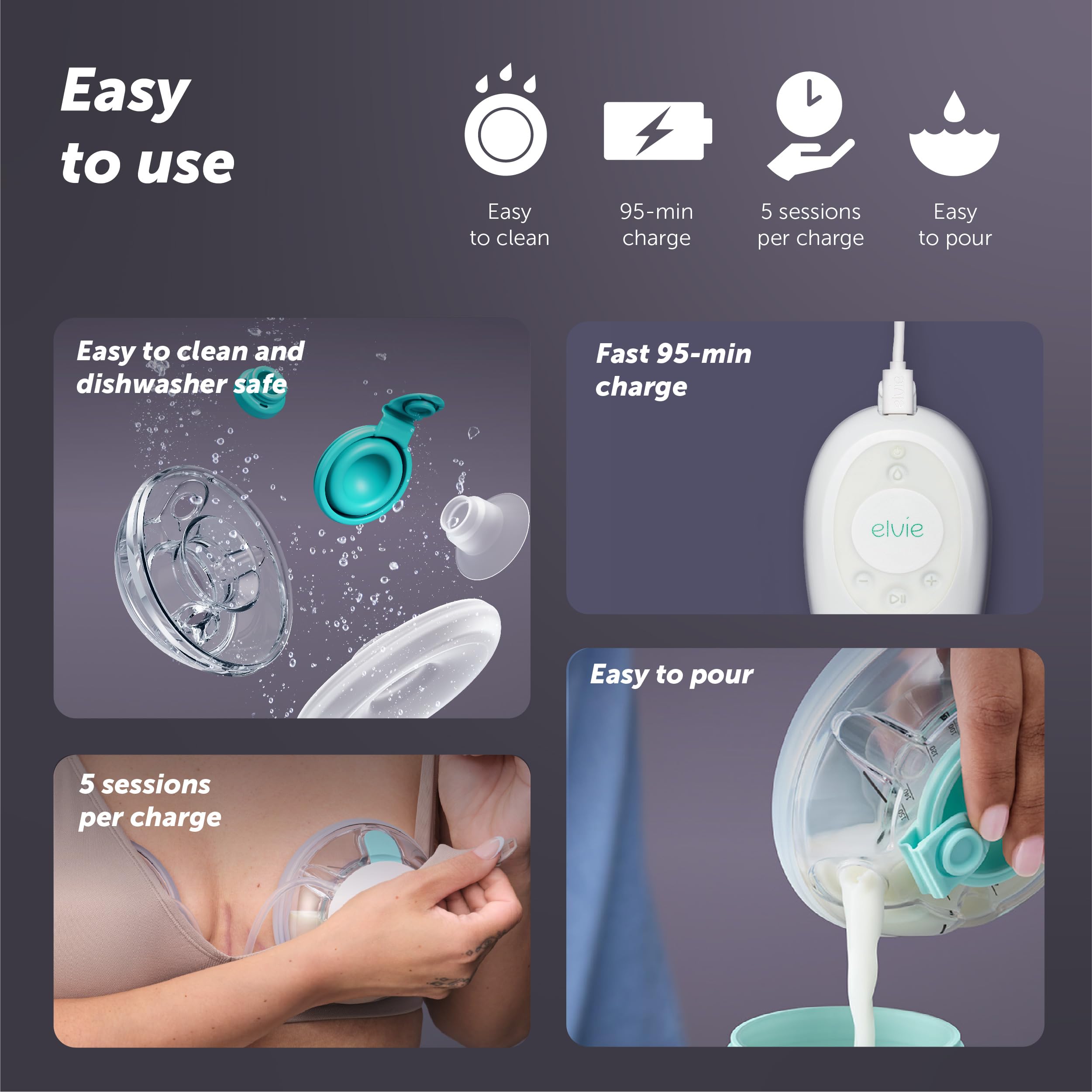 Elvie Stride 2 rechargeable battery provides cordless pumping flexibility anywhere.