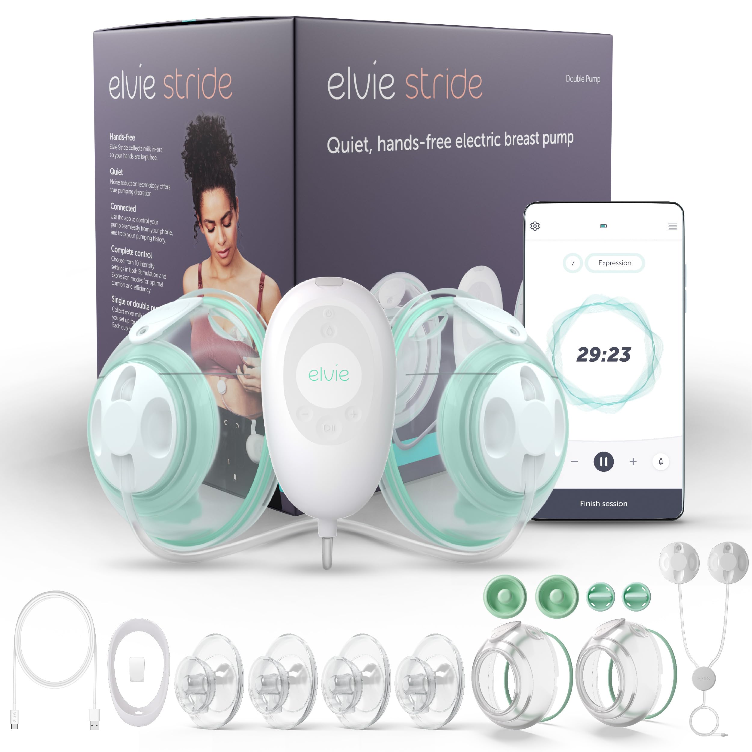Elvie Stride wearable breast pump in use for hands-free pumping.