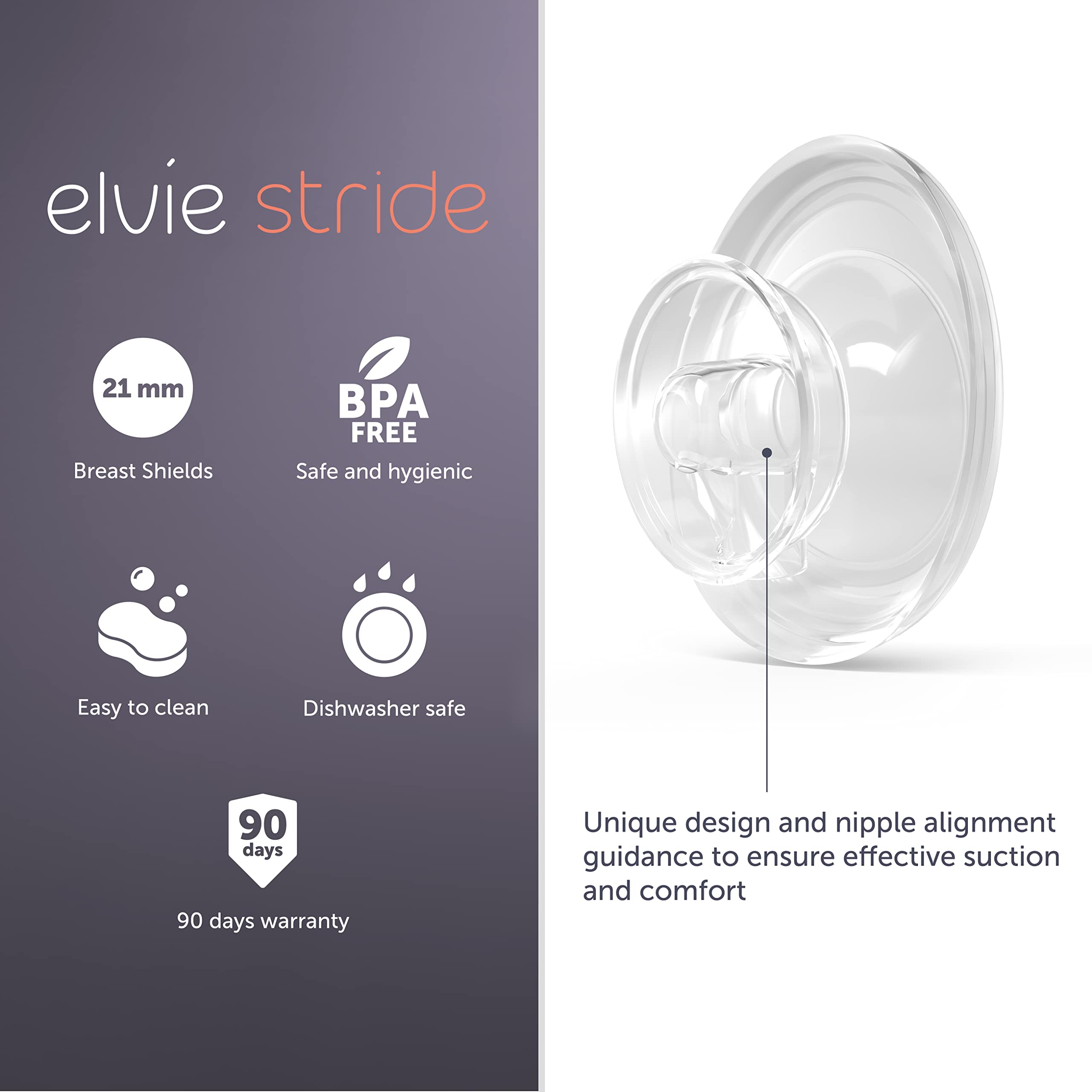 Elvie Stride 21mm shield pack close-up highlighting BPA-free materials.