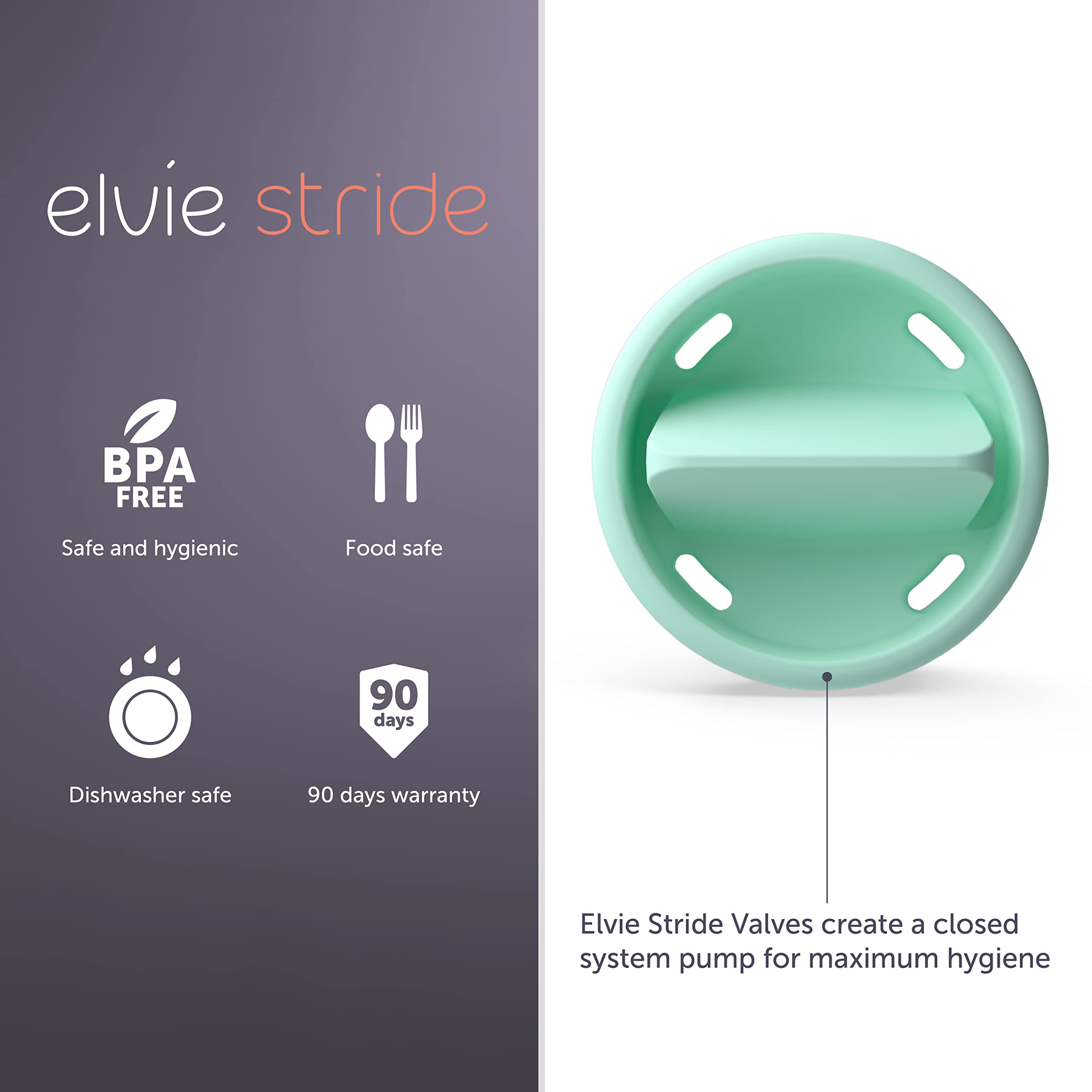 Elvie Stride silicone valves highlight food-grade silicone for safe pumping.
