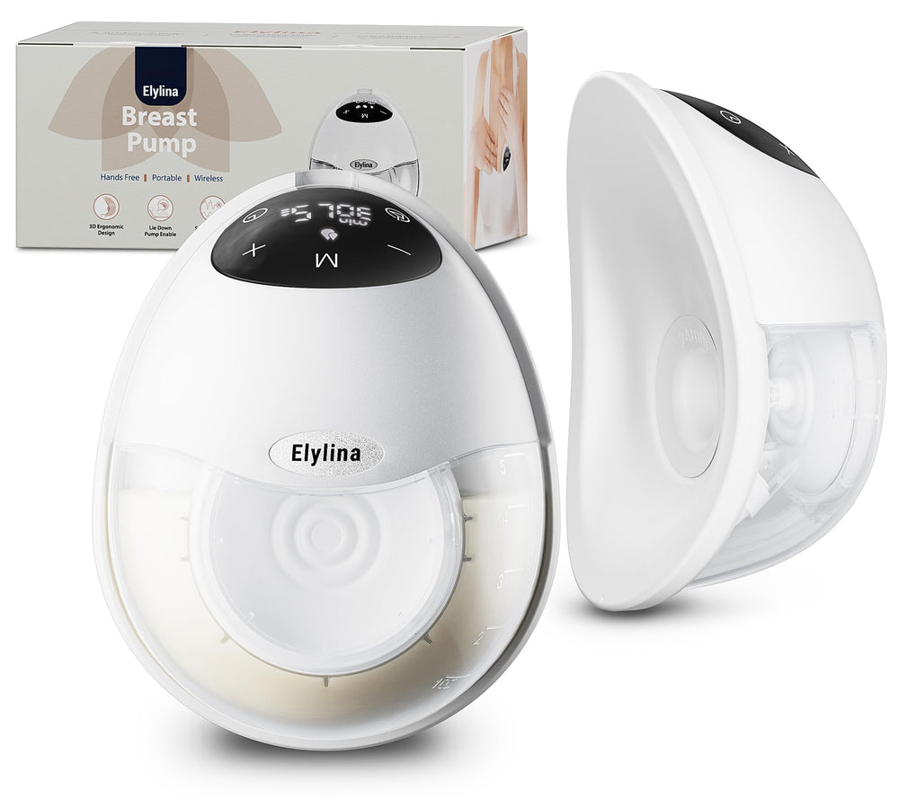Elylina wearable breast pump curved-fit for comfy, spill-free pumping at home.