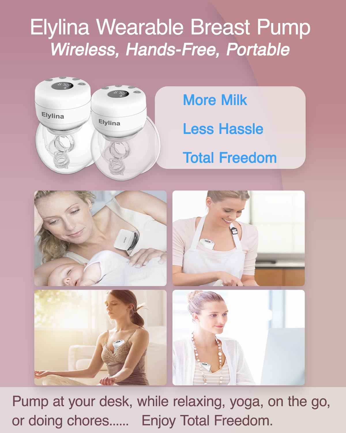Elylina wearable breast pump on-the-go design supports all-day pumping freedom.