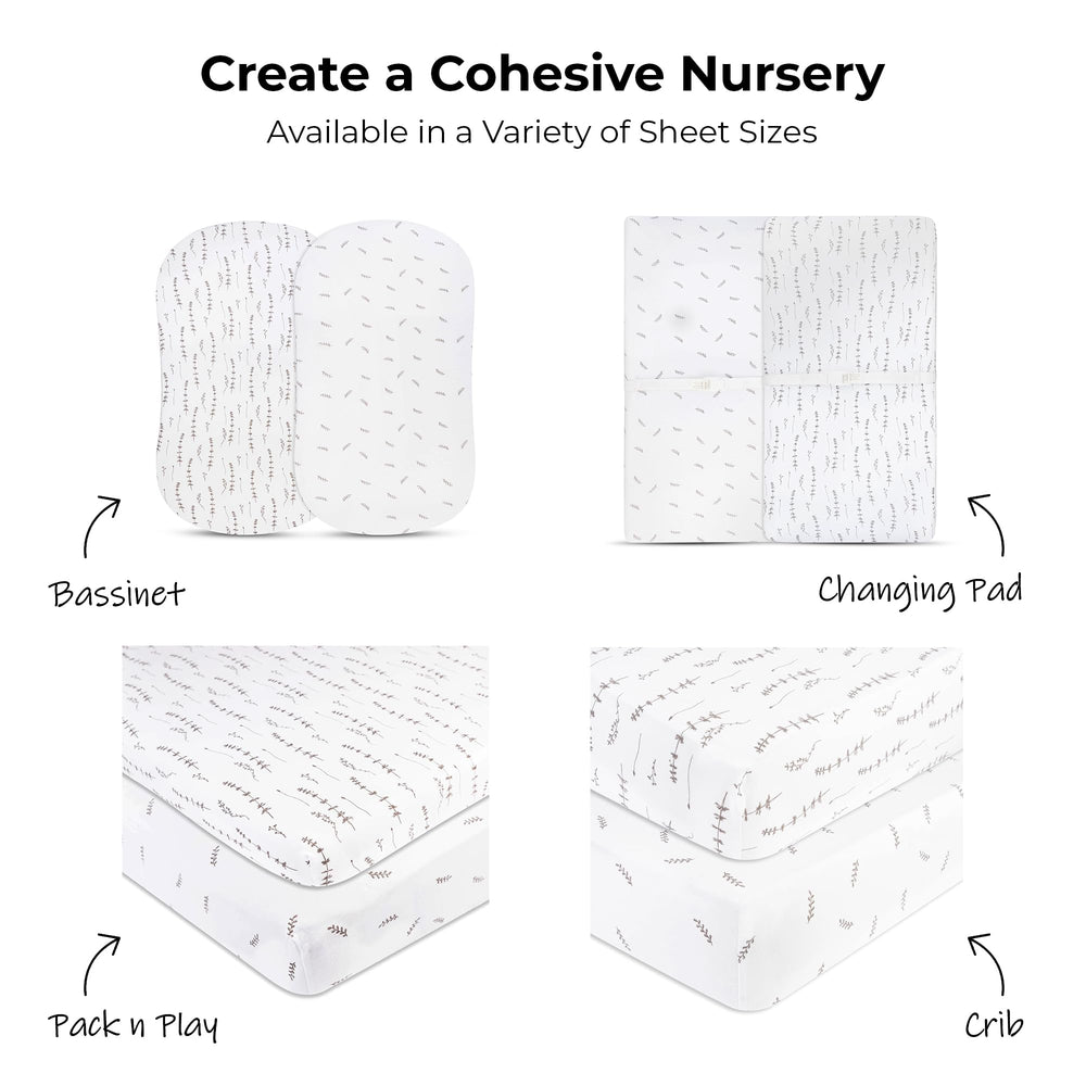 Ely's Co nursery setup with forest theme showcasing coordinated sheets for nursery styling