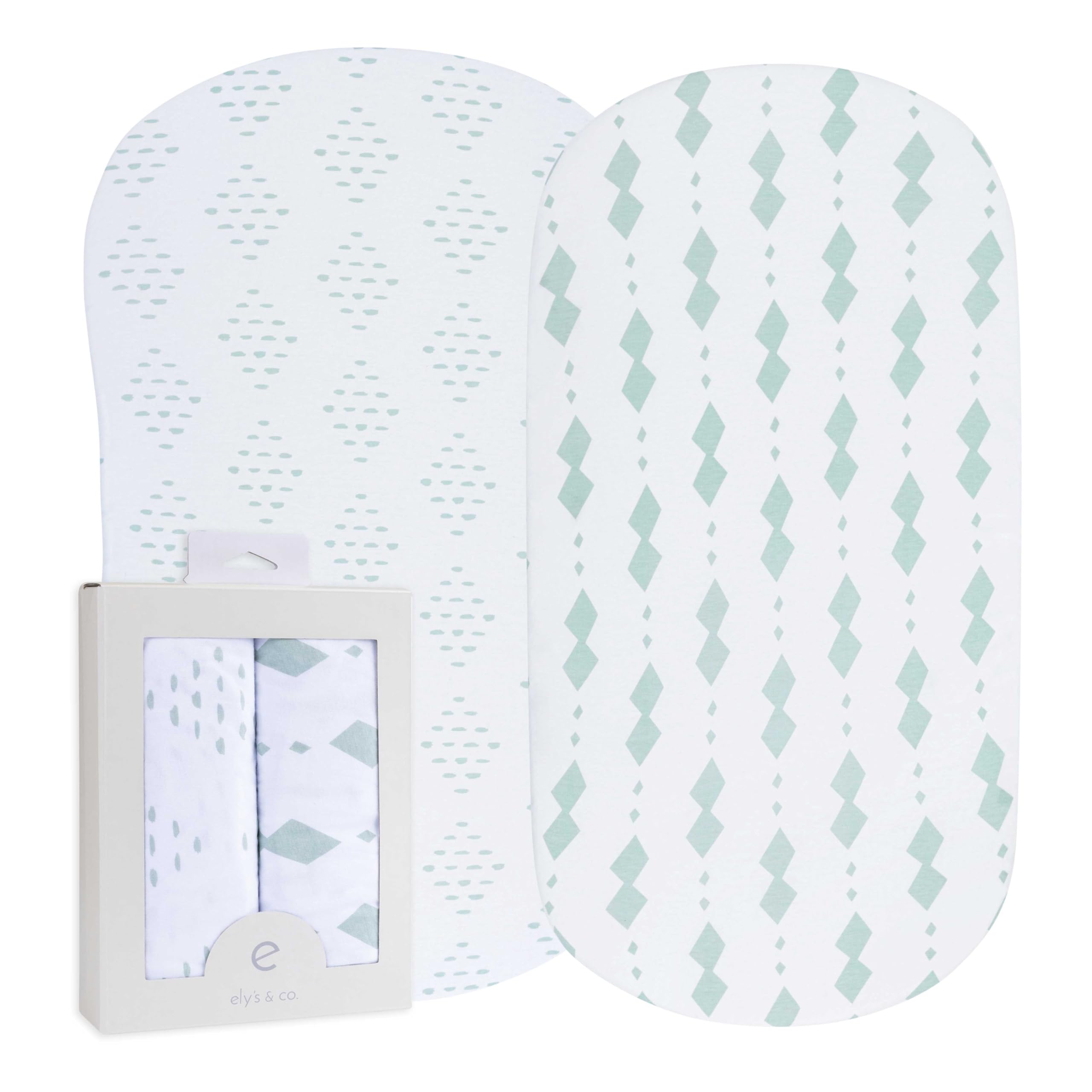 Ely's & Co Bassinet Sheets Sage Diamond pack front view showing snug fit and breathable cotton