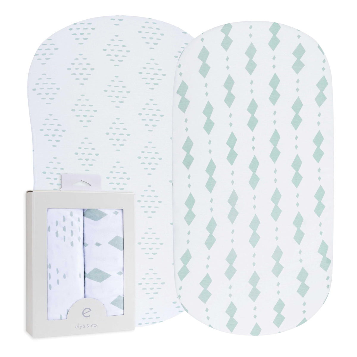 Ely's & Co Bassinet Sheets Sage Diamond pack front view showing snug fit and breathable cotton