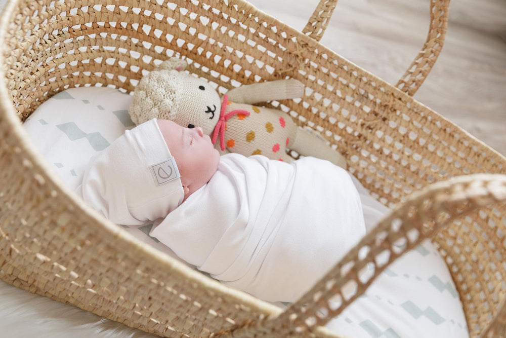Ely's & Co Bassinet Sheets Sage Diamond packaging is gift-ready