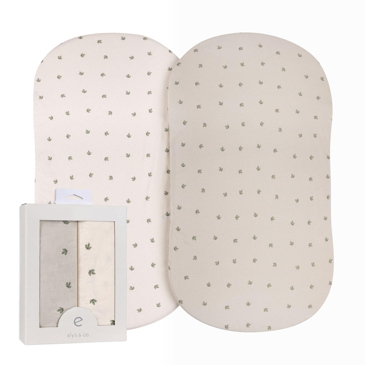 Ely's & Co bassinet sheets two-pack unboxed, showing soft jersey knit fabric gentle on baby's skin