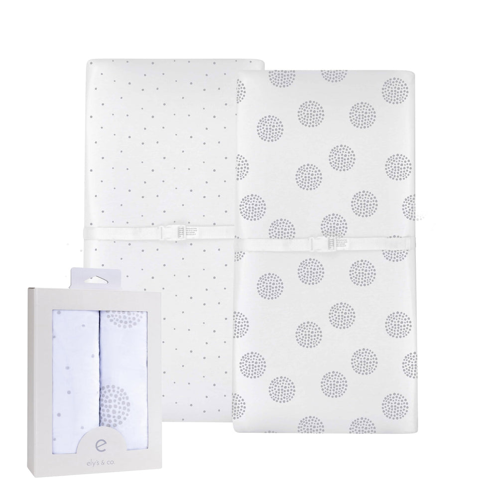 Ely's & Co. changing pad cover closeup Grey Dottie pattern on soft Jersey cotton for baby comfort
