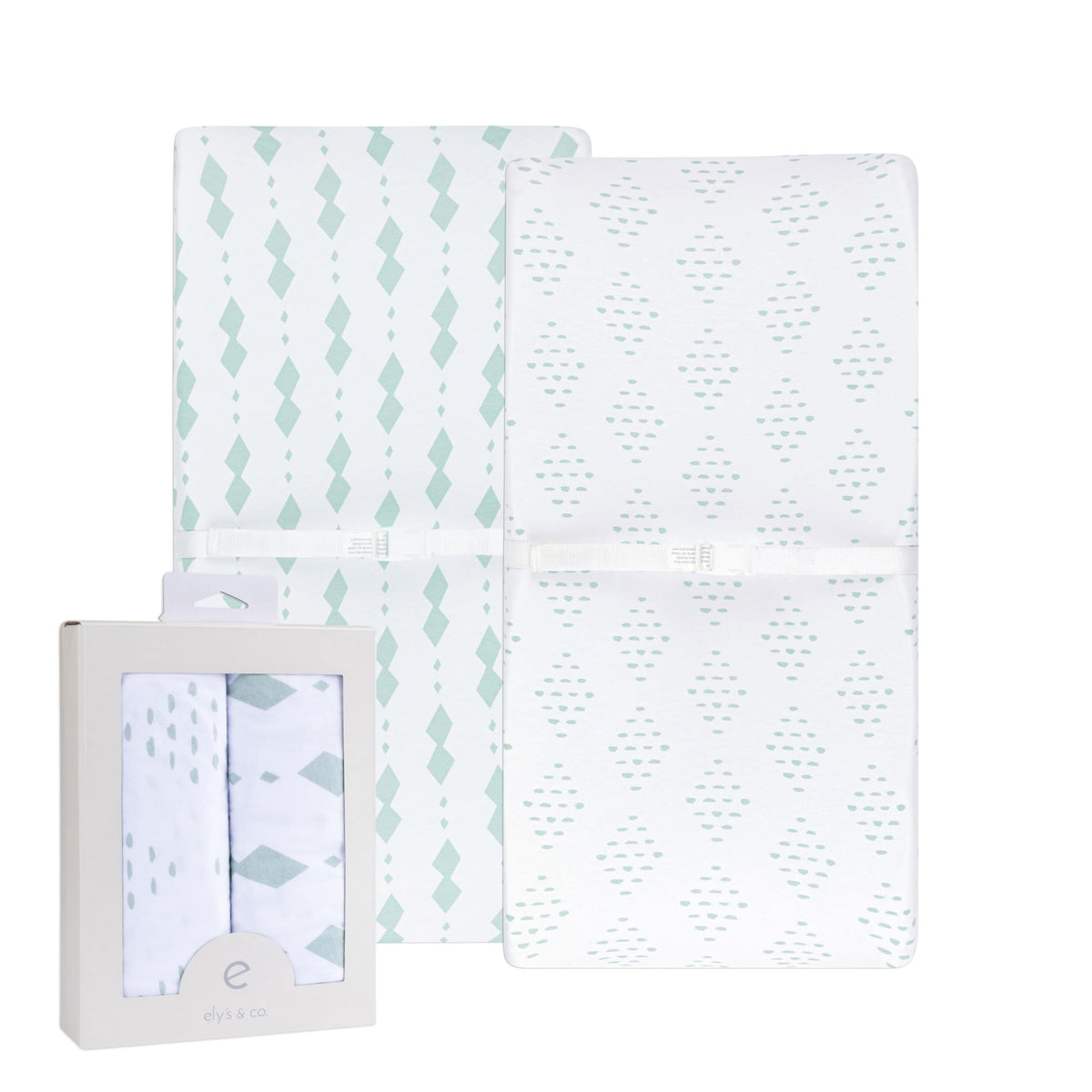 Ely's & Co Changing Pad Cover pack shot shows sage diamond print for easy nursery coordination