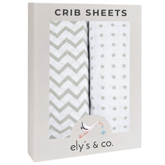 Ely's & Co crib sheets in grey chevron pattern offer soft, breathable comfort.