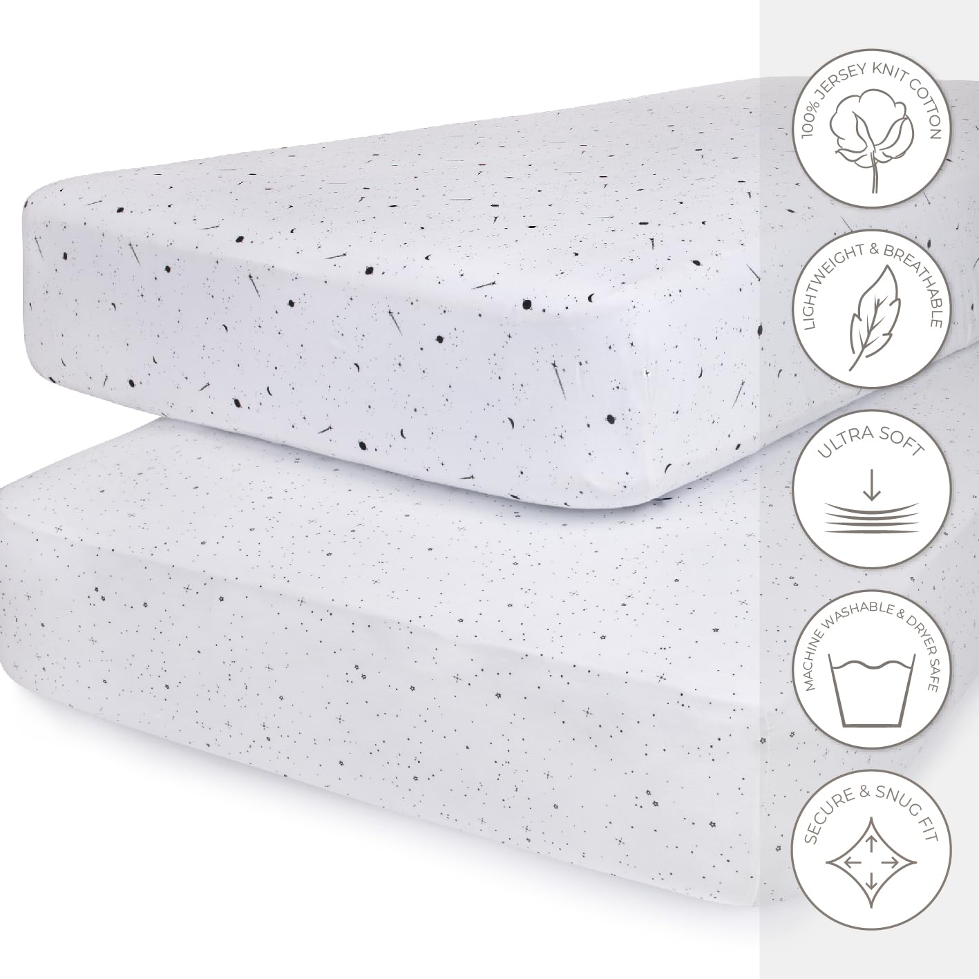 Ely's & Co. crib sheets show a snug 1.5 cm elastic fit for secure bedding.