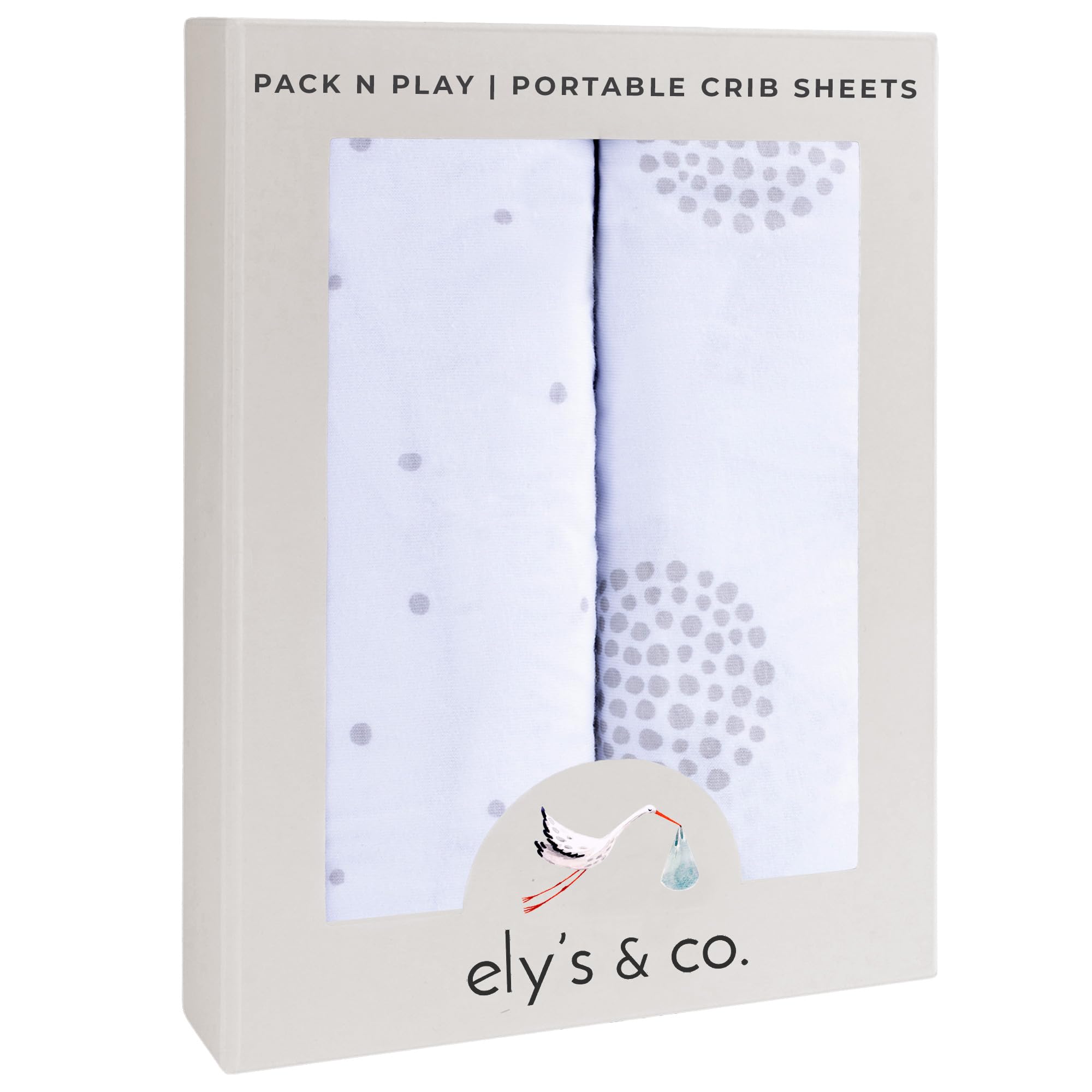 Ely's & Co Pack N Play sheet Grey Dottie packaged for gifting and prep