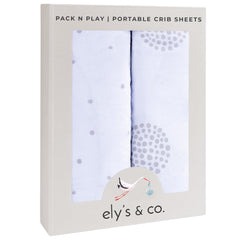 Ely's & Co Pack N Play sheet Grey Dottie packaged for gifting and prep