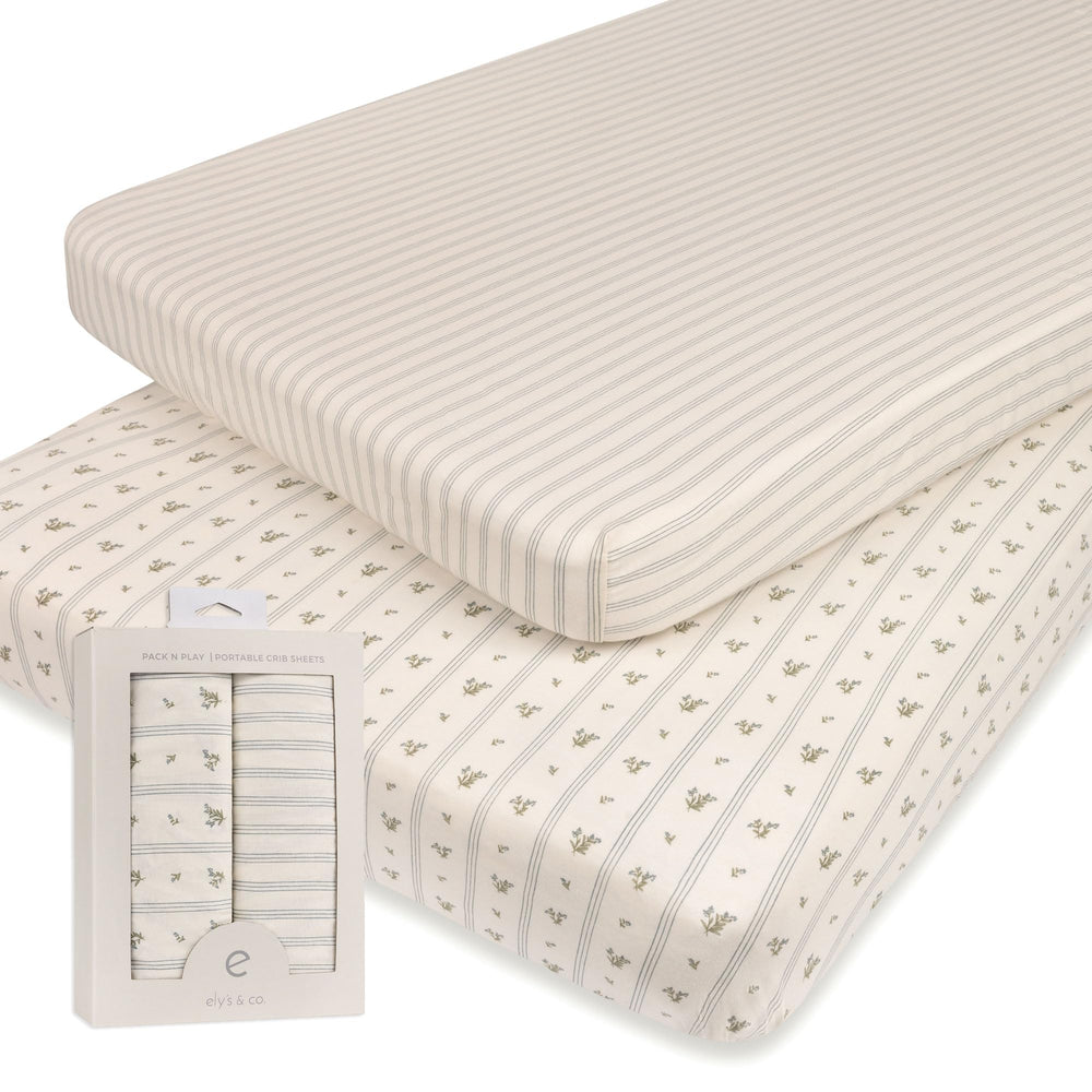 Ely's & Co pack n play sheet with blue berry leaf pattern for cozy naps