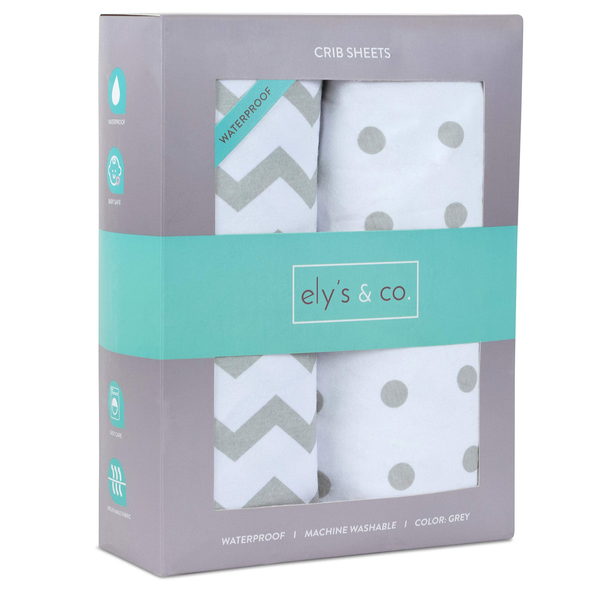Ely's & Co waterproof crib sheet close-up shows elastic band for secure snug fit.