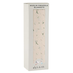 Ely's & Co sage bird swaddle closeup highlights breathable 100% cotton for gentle newborn comfort.