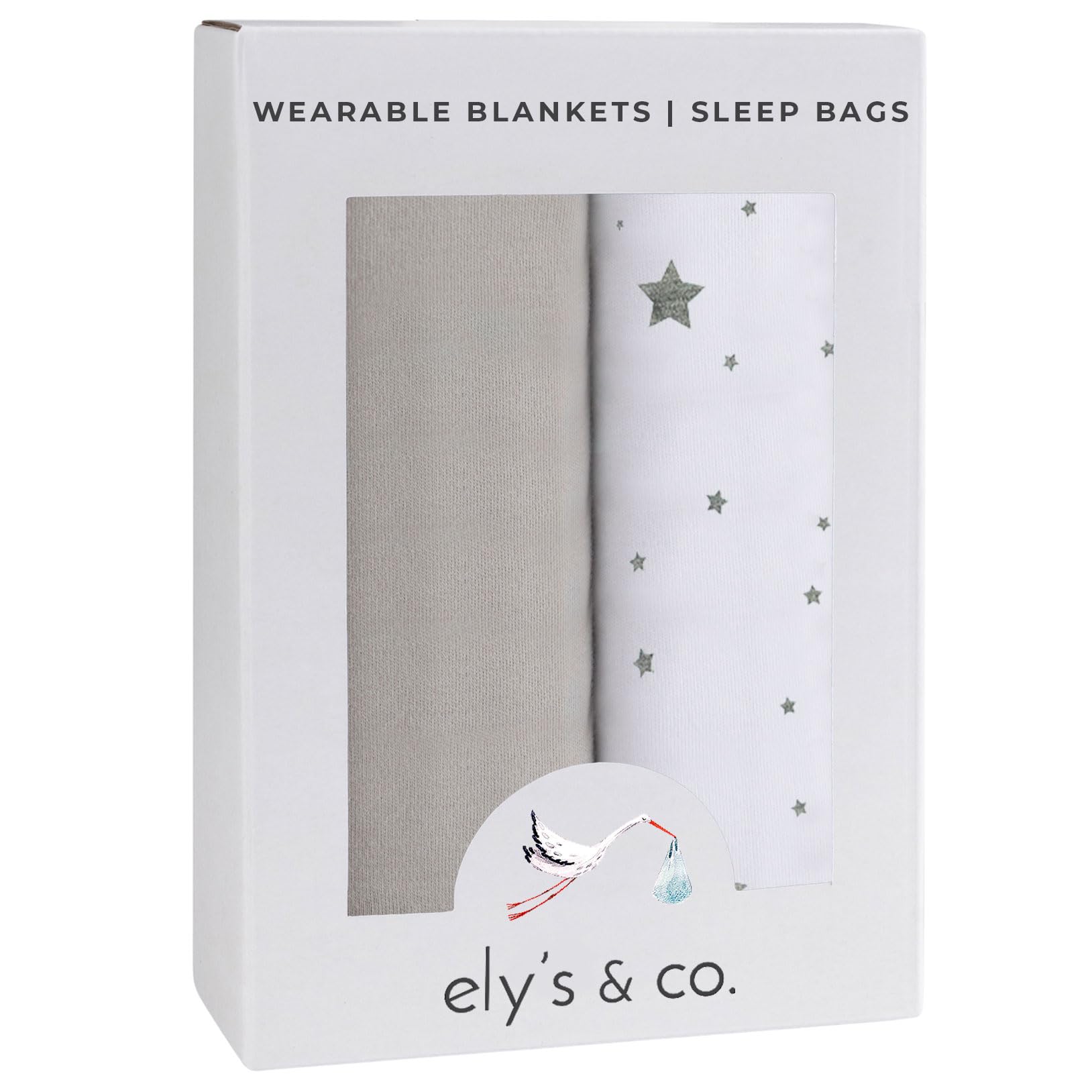 Ely's & Co two-pack grey sleep sacks laid out, showcasing versatile gender-neutral design.